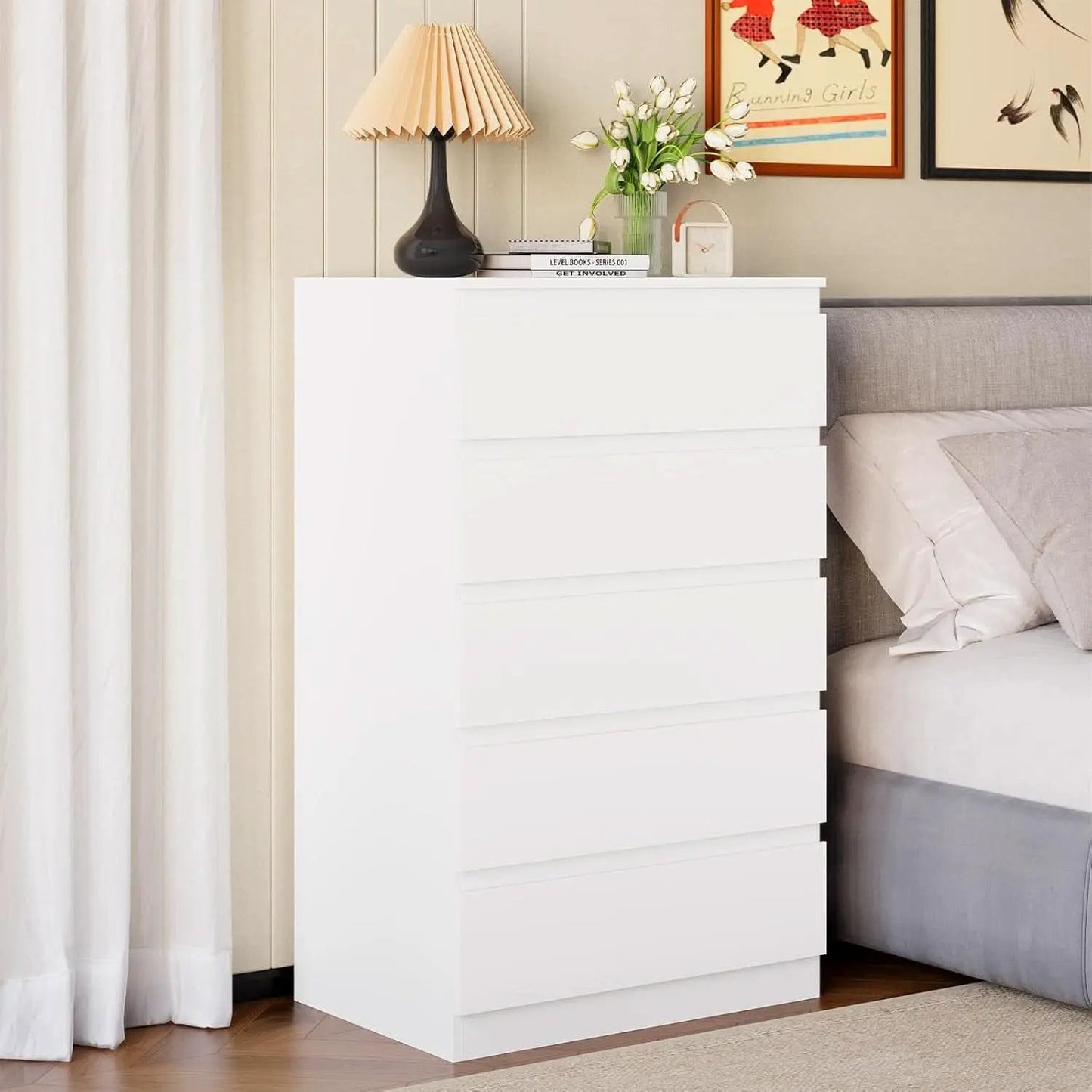 White Contemporary Solid Wood Dresser Five Drawers from PriceLows™