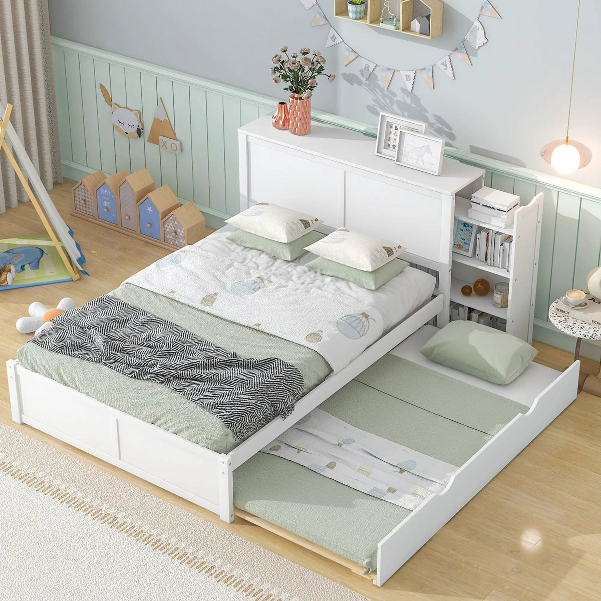 Storage Platform Bed | Solid Pine Wood | Pull Out Shelves | Trundle