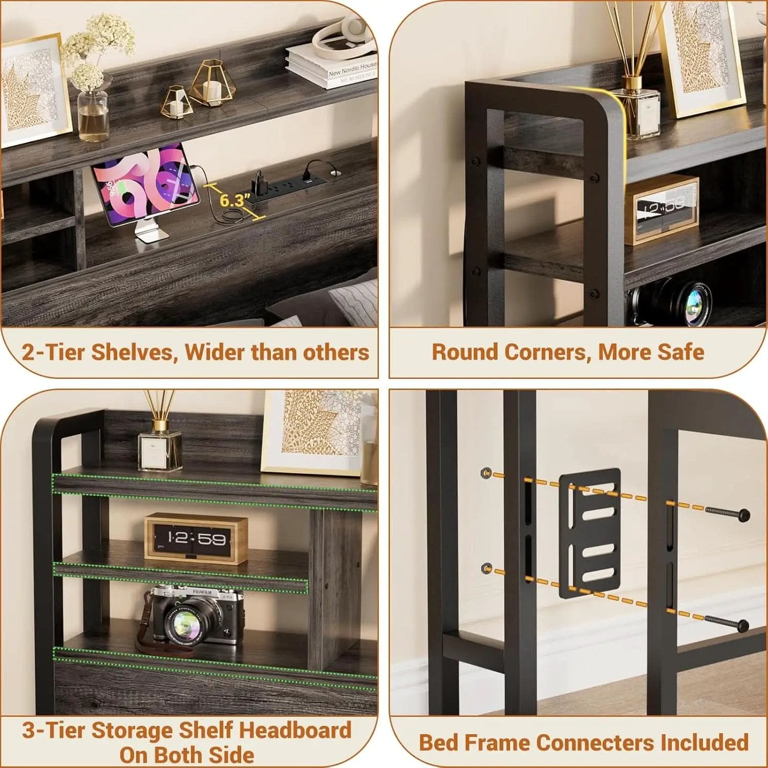 Modern Queen Size Headboard with Storage and USB Ports from PriceLows™