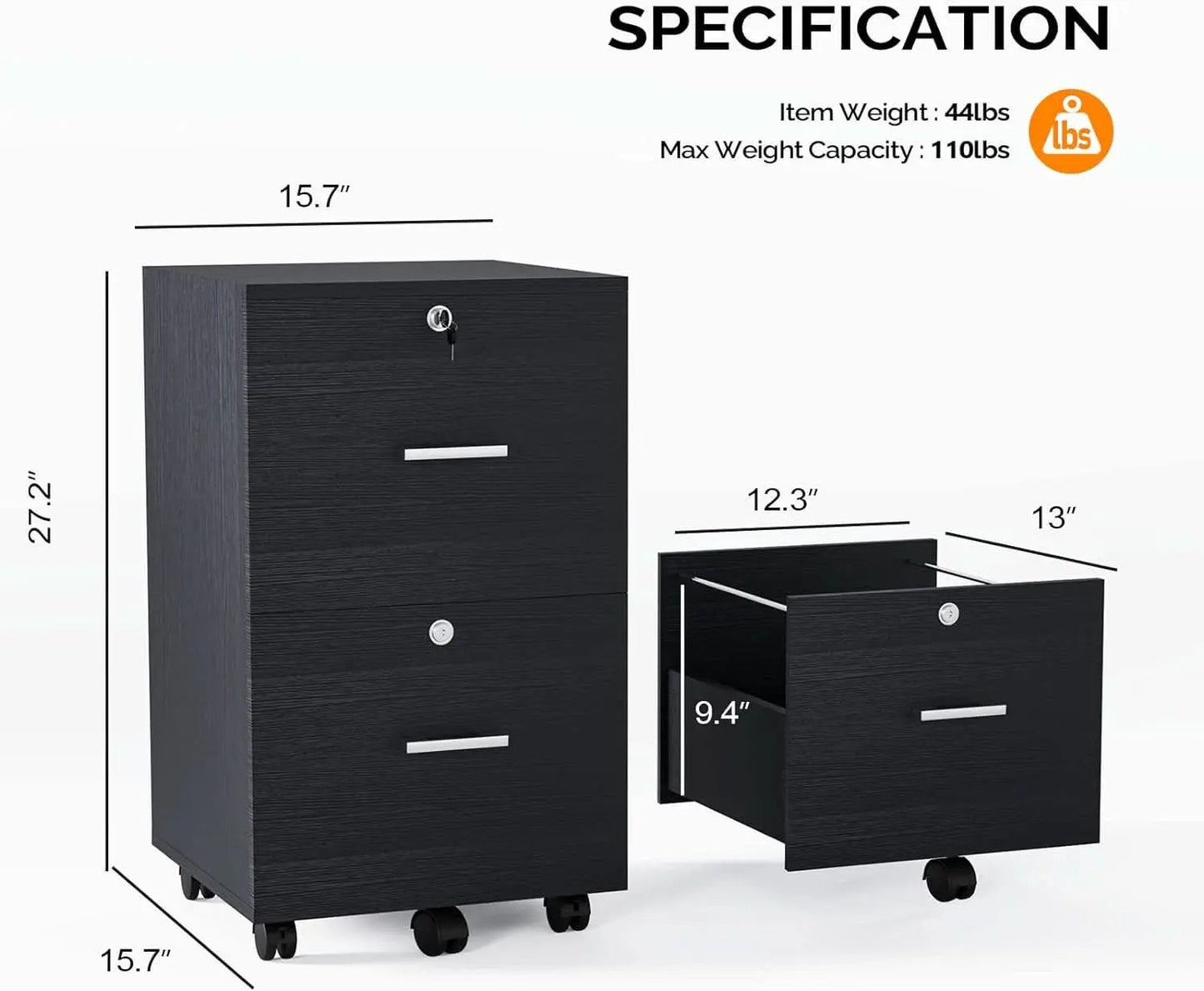 2 Drawer Rolling File Cabinet With Lock For Letter Size Folders Under Desk Black from PriceLows™