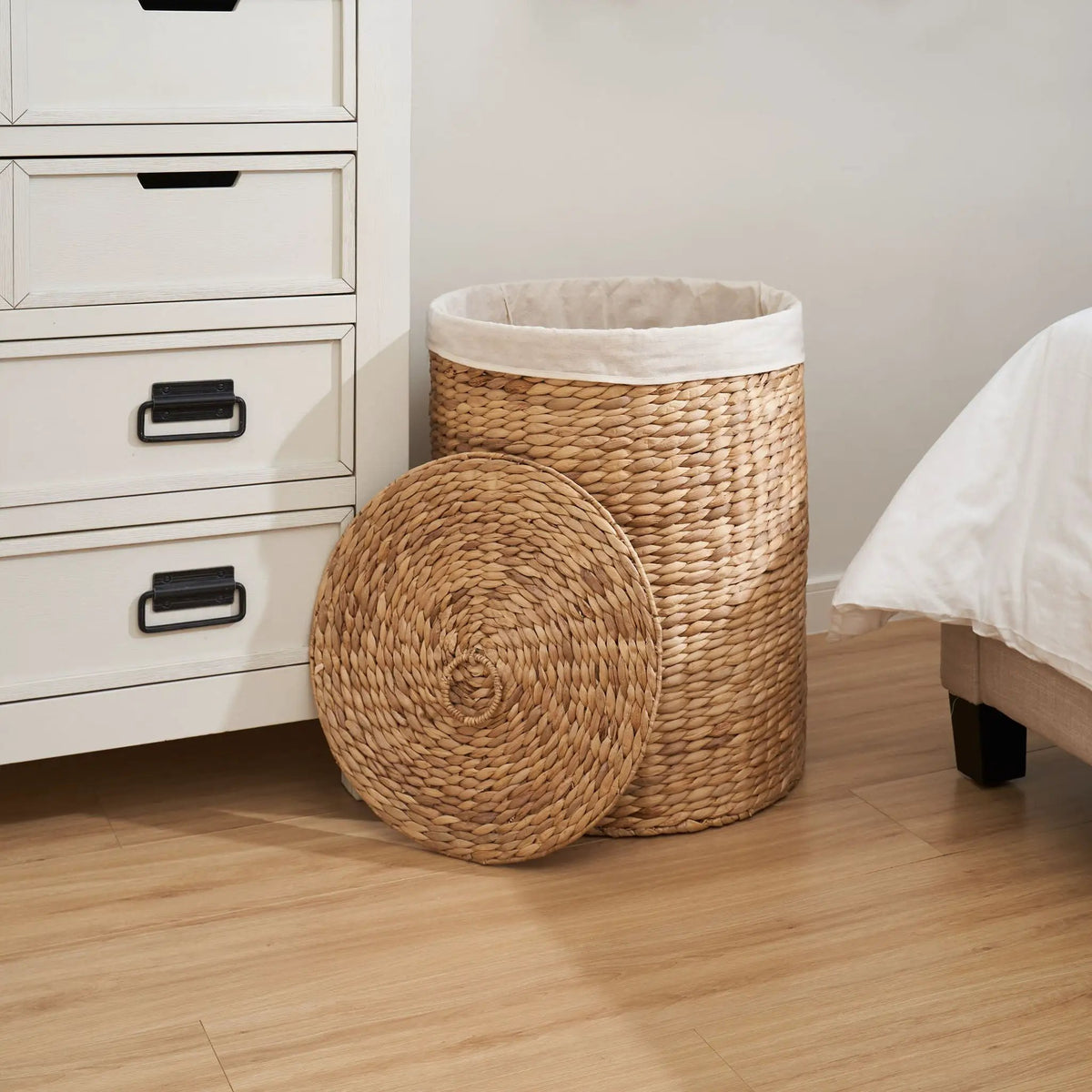 Round Laundry Hamper With Lid | Water Hyacinth Woven Wicker | Tall Storage Basket | 20 Inch Height