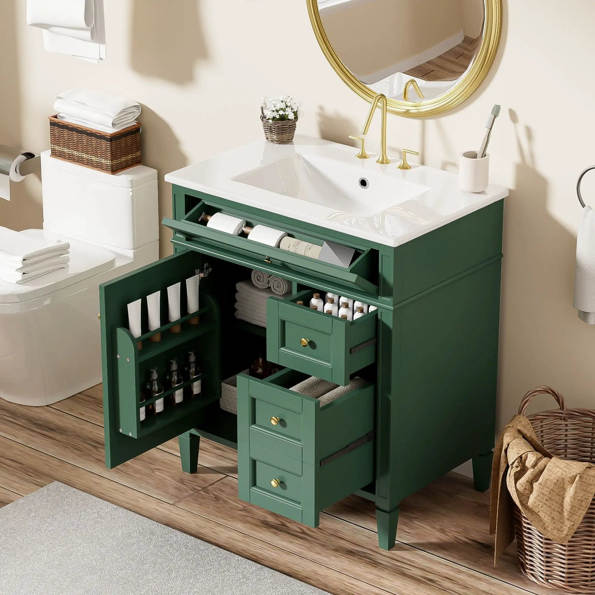 30 Inch Bathroom Vanity With Top Sink | 2 Drawers | Tip-Out Drawer | Vintage-Inspired Handles
