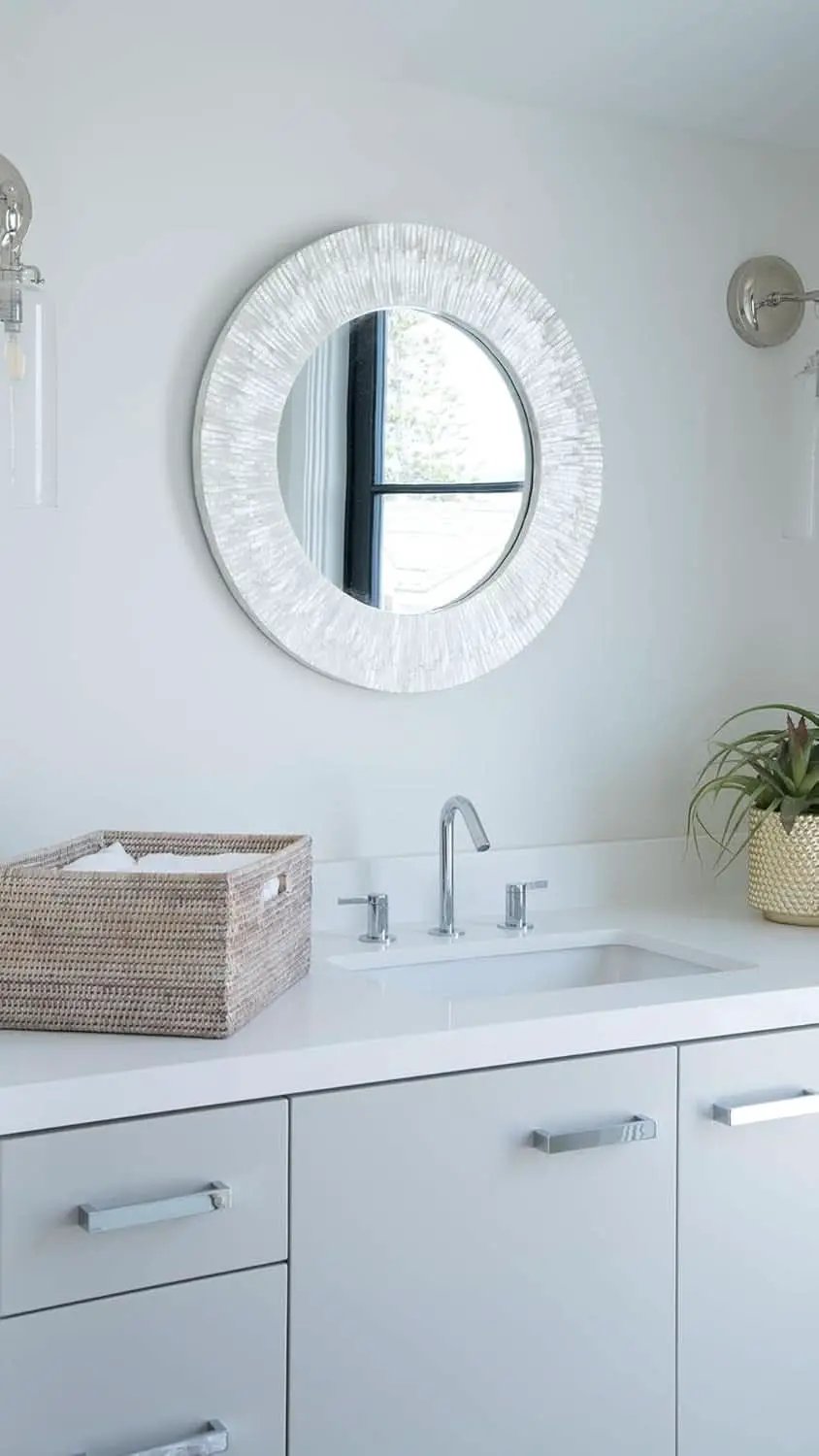 Handcrafted Pearlescent White Capiz Seashell Sunray Wall Mirror 24 Inch Diameter from PriceLows™