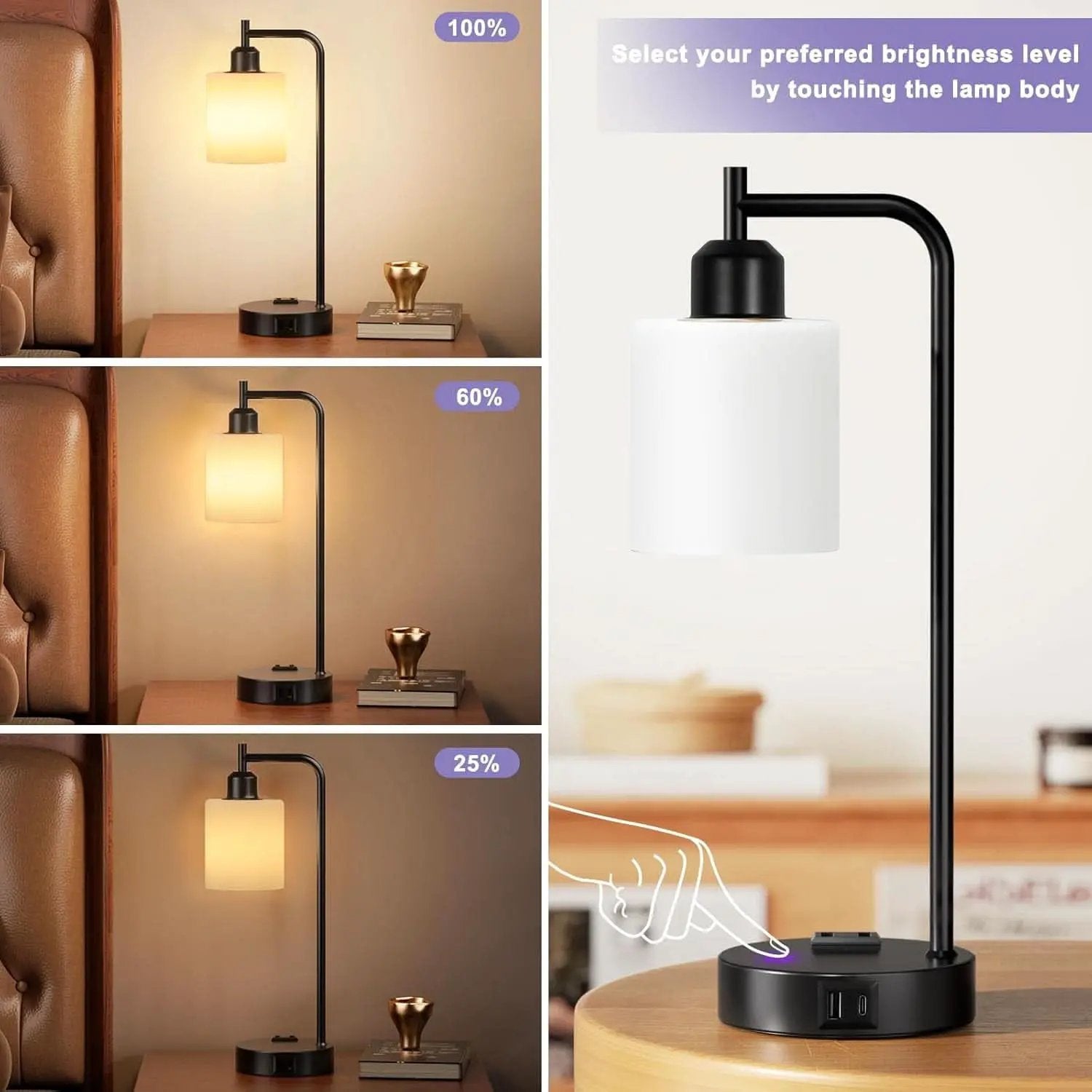 Industrial Touch Bedside Lamps 3-Way Dimmable USB-C from PriceLows™