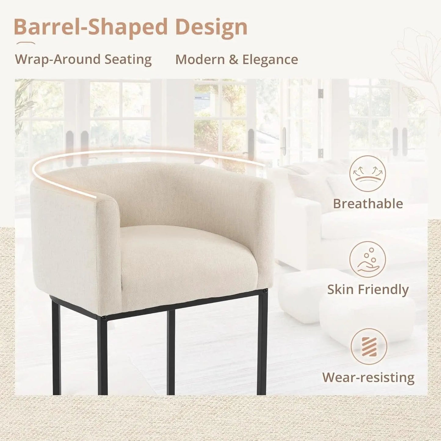 27 Inch Counter Height Bar Stool With Backrest And Armrests, Linen Upholstery, Black Metal Frame from PriceLows™