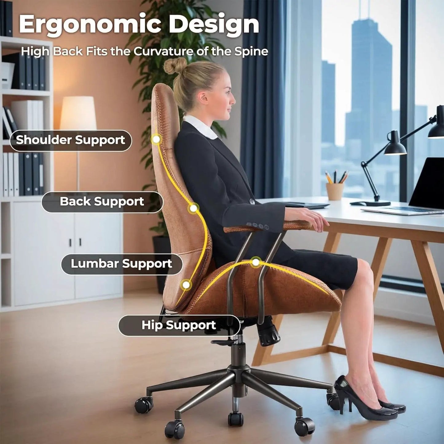 Ergonomic Mid Century Leather Office Chair With Lumbar from PriceLows™