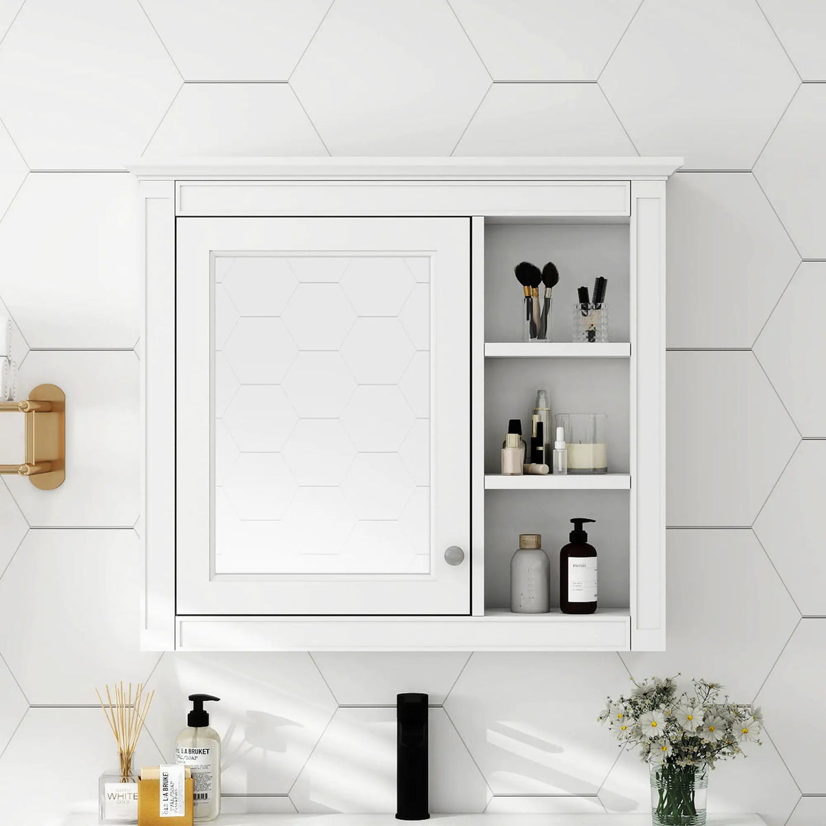 Modern Wall Mounted Medicine Cabinet | 3 Open Shelves | Mirror Door