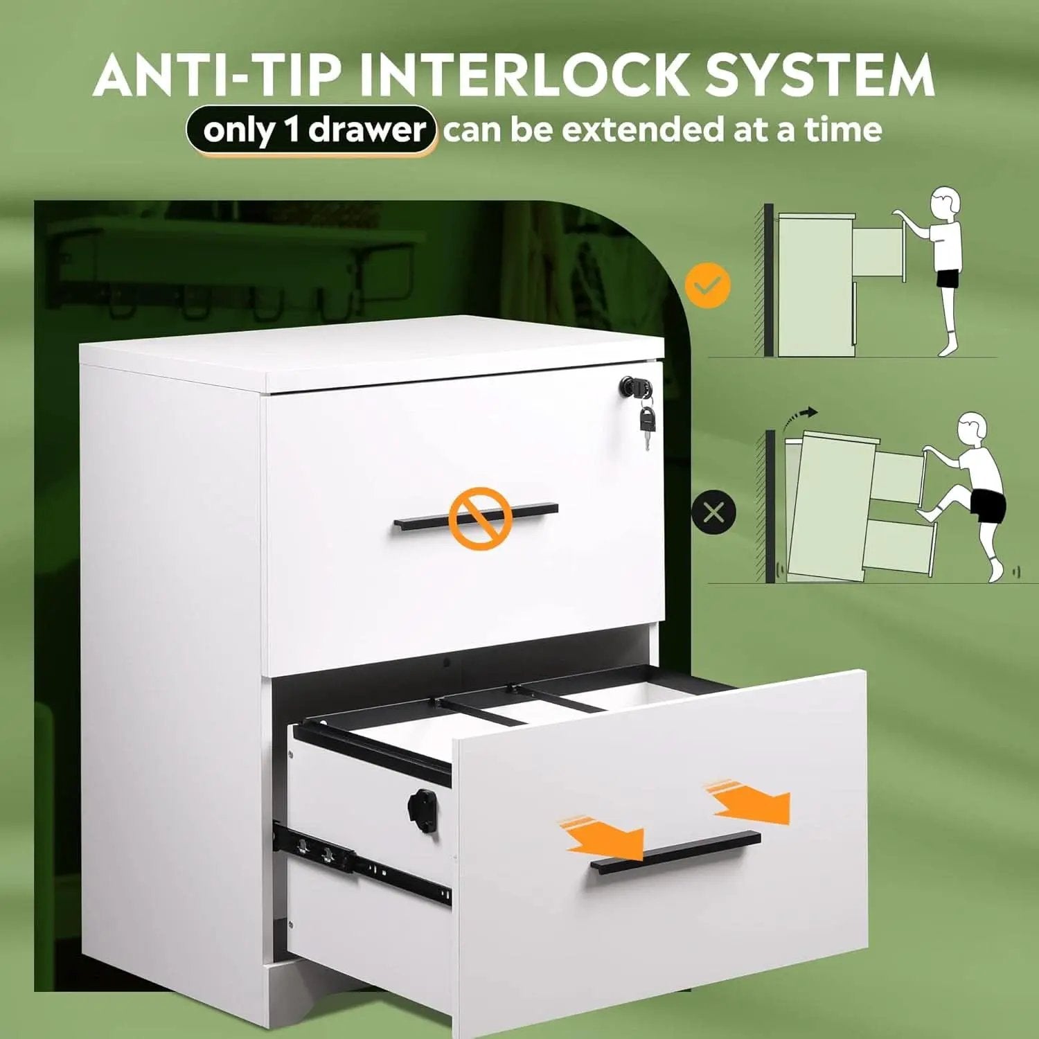 2 Drawer White Wood Lateral File Cabinet With Lock For Office Or Home Use Fits Any Desk from PriceLows™