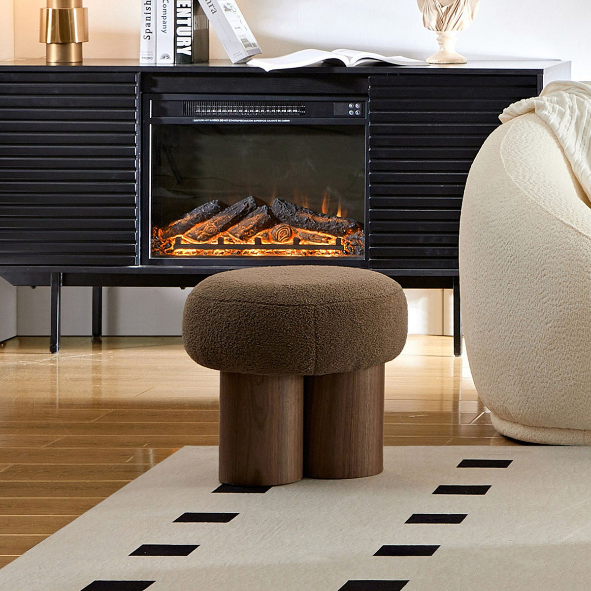 Mushroom Stool With Cushion | Greige Cushion | Wooden Barrel Base | 15.75 Inch Height