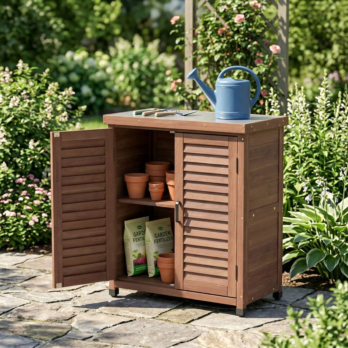 Outdoor Potting Bench | Storage Cabinet | Metal Table Top | Hemlock Wood Construction