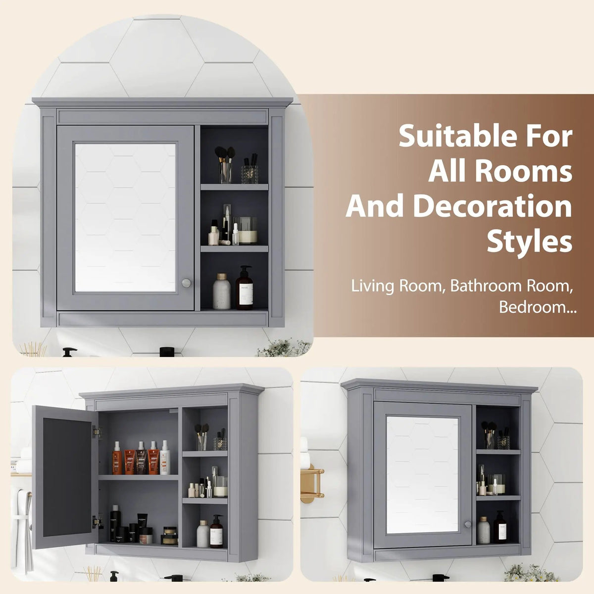 Modern Wall Mounted Medicine Cabinet | 3 Open Shelves | Mirror Door
