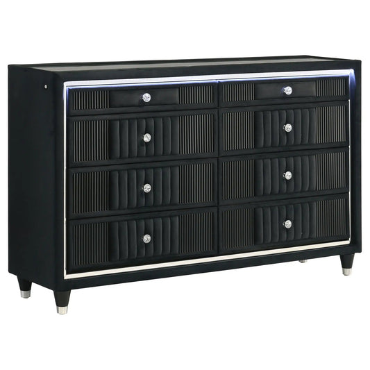 Ravenne 8-drawer Velvet Upholstered LED Dresser Cabinet | 60.5 x 16 x 38.25 in | Engineered Wood & Velvet | Black