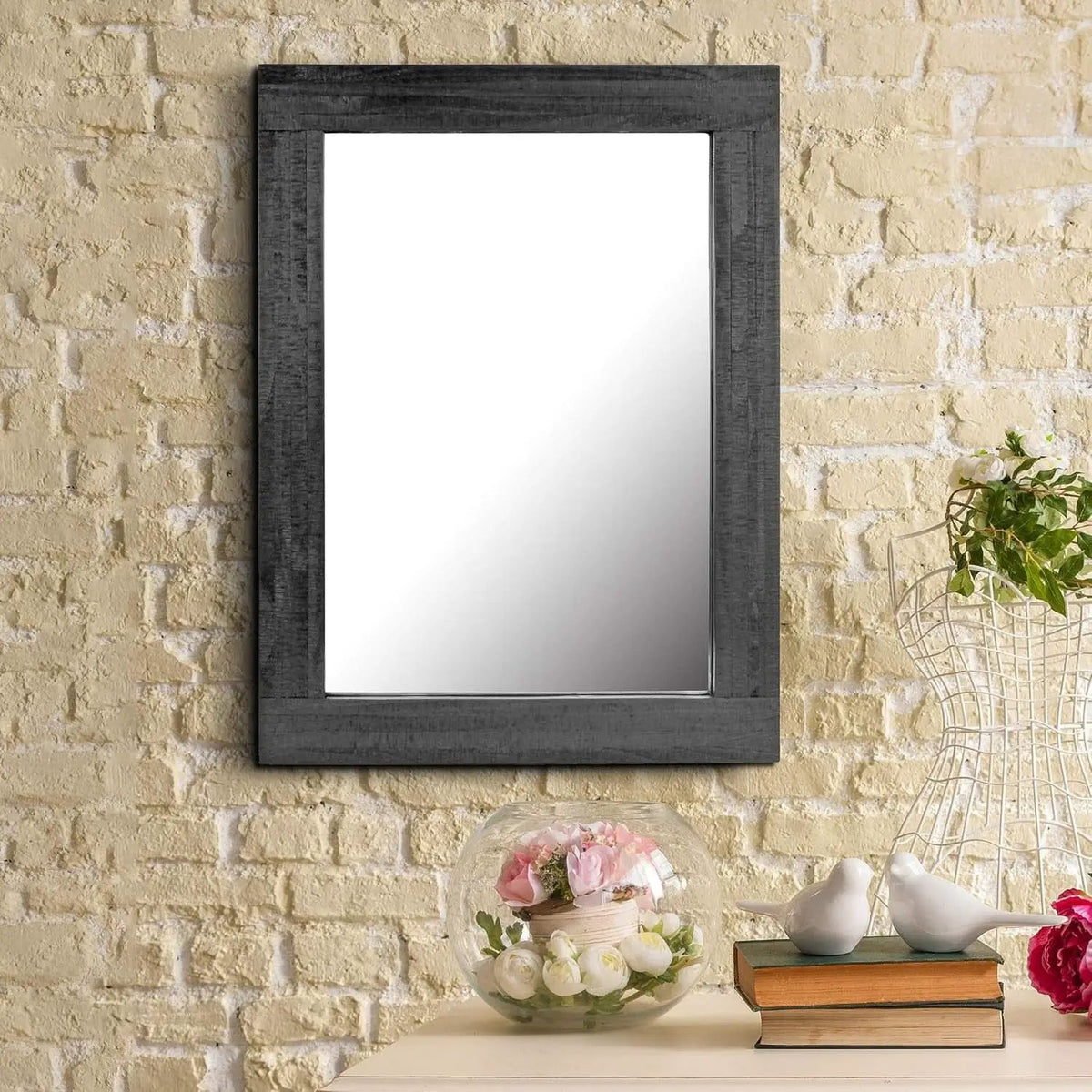 24x18 Inch Rectangle Black Wood Frame Wall Mirror With Attached Hanging Brackets Rustic Decor from PriceLows™