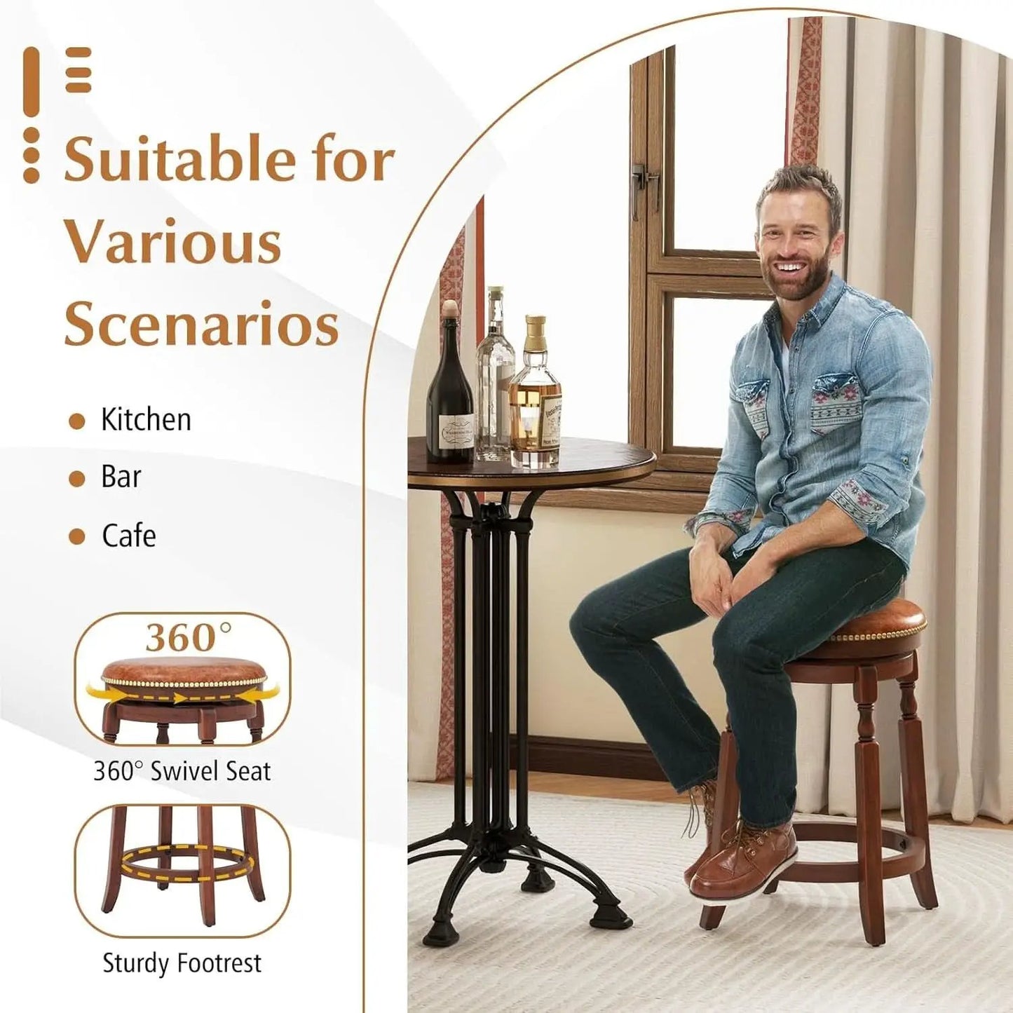 24 Inch Swivel Bar Stool Set Of 2 With Upholstered Seat And Rubber Wood Frame For Kitchen Island from PriceLows™