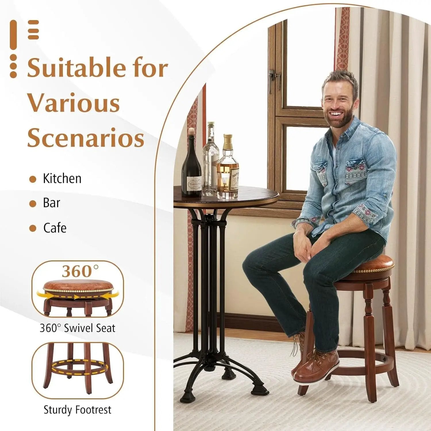24 Inch Swivel Bar Stool Set Of 2 With Upholstered Seat And Rubber Wood Frame For Kitchen Island from PriceLows™