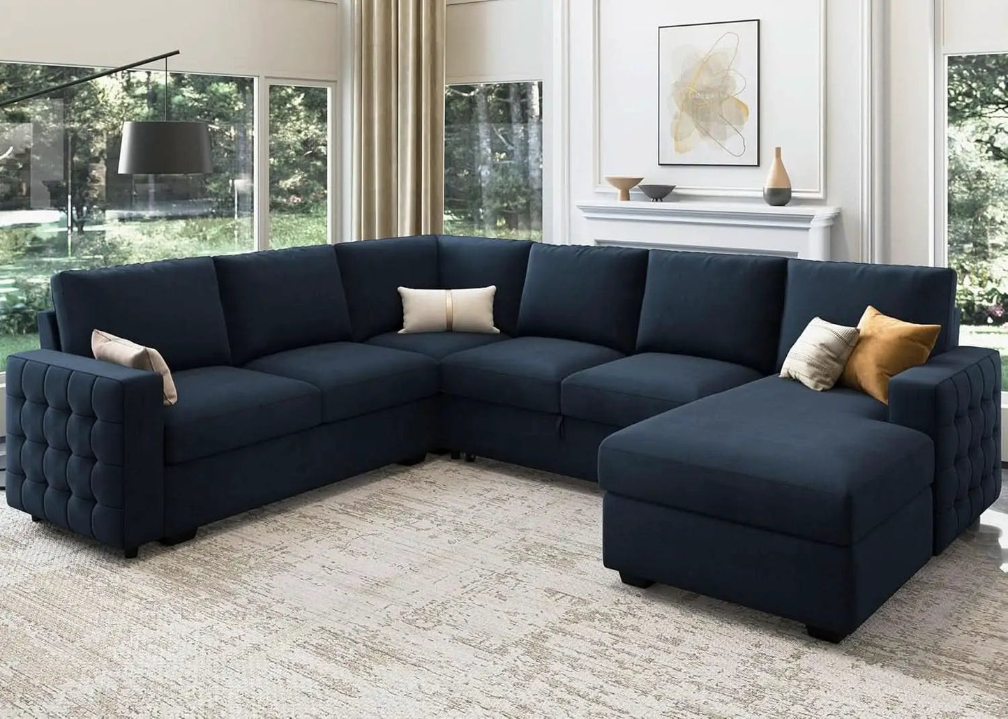 Blue Velvet U Shaped Sleeper Sofa With Pull Out Bed from PriceLows™