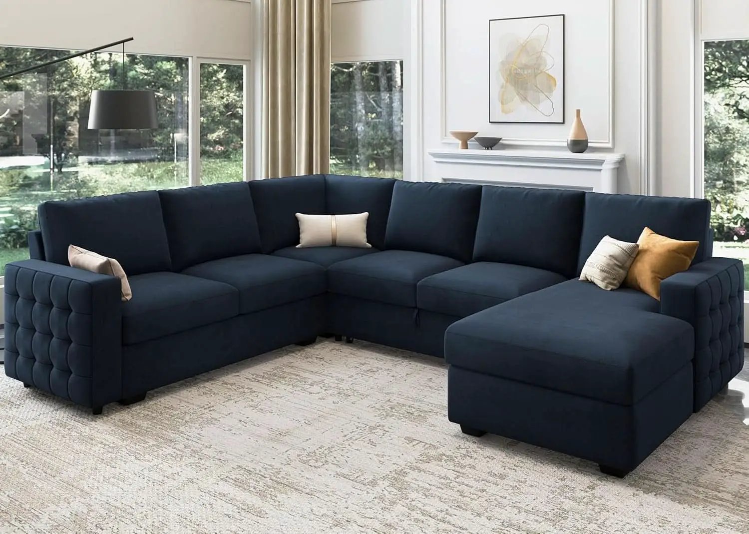 Blue Velvet U Shaped Sleeper Sofa With Pull Out Bed from PriceLows™