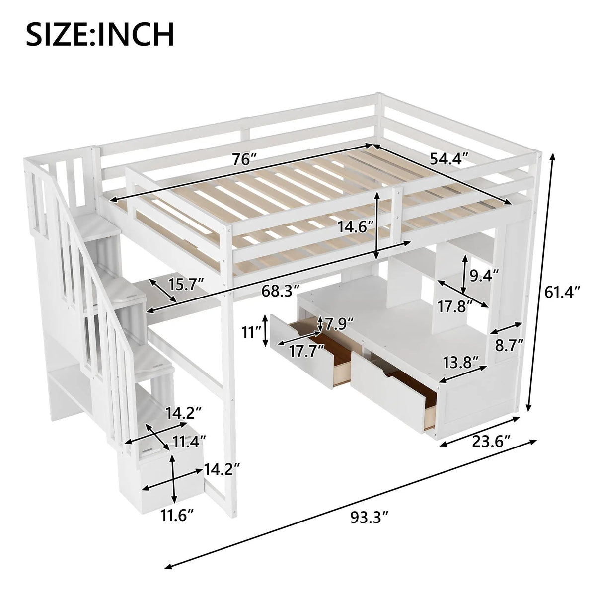 Full Size Loft Bed | Desk And Shelves | Storage Staircase | White
