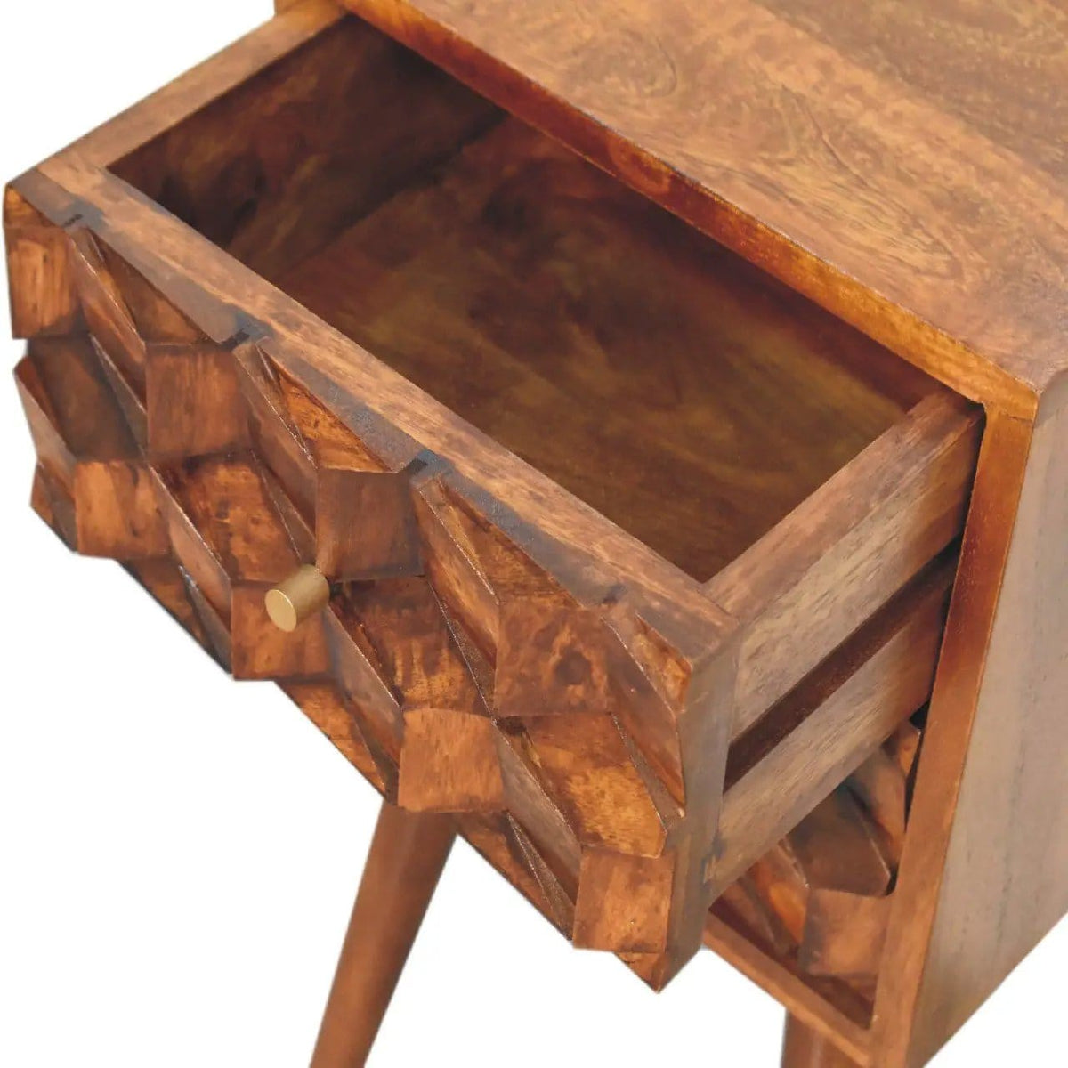 Mini Cube Carved 2 Drawer Nightstand | 12.2 x 11.81 x 24.41 in | Mango Wood & Brass | Bedroom