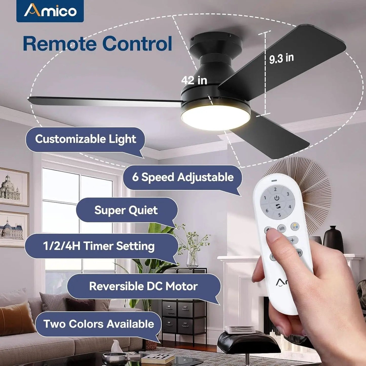 42 Inch Black Low Profile Ceiling Fan With Light And Remote from PriceLows™