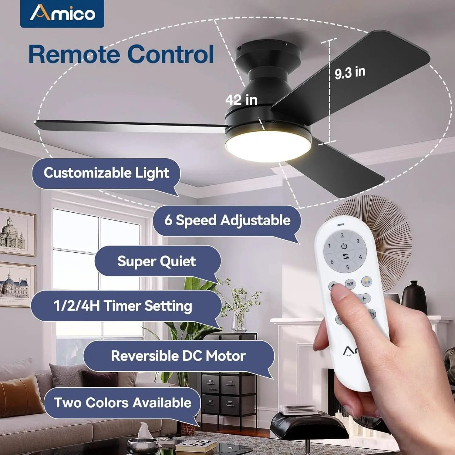 42 Inch Black Low Profile Ceiling Fan With Light And Remote from PriceLows™