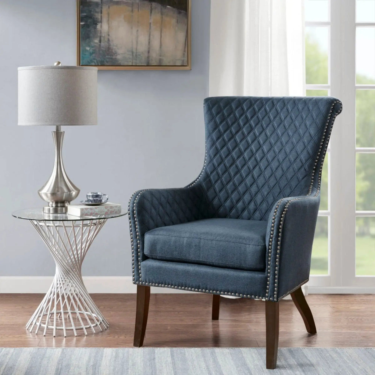 Accent Chair | Dark Blue | Quilted Back | Silver Nailhead Studs