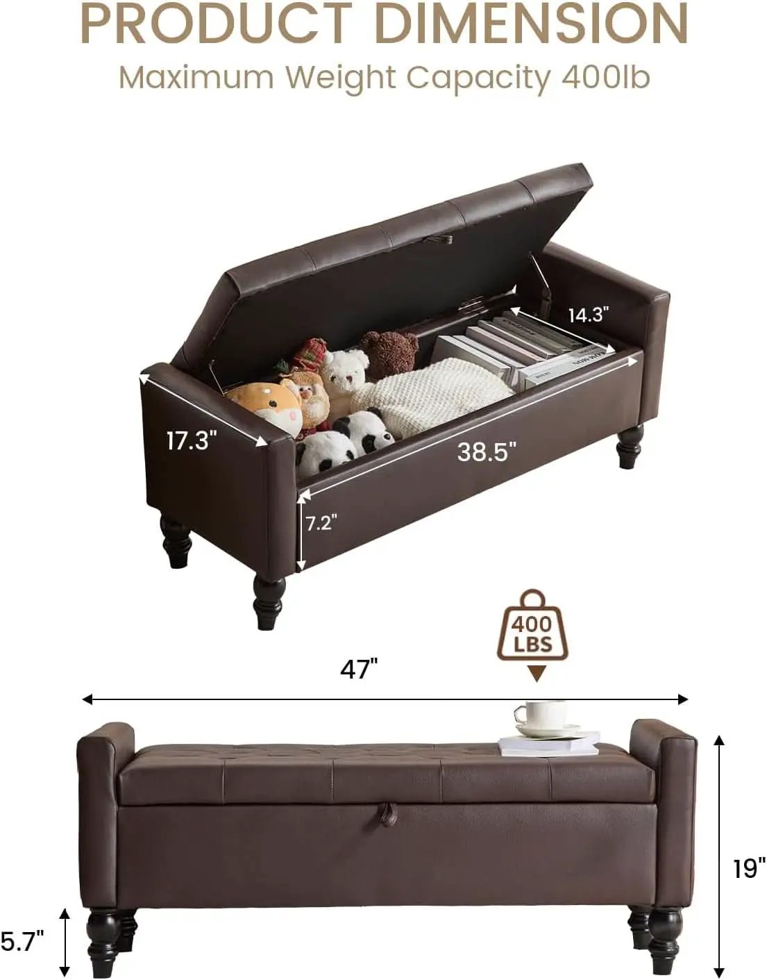 Brown Genuine Leather Storage Ottoman Bench Bedside from PriceLows™
