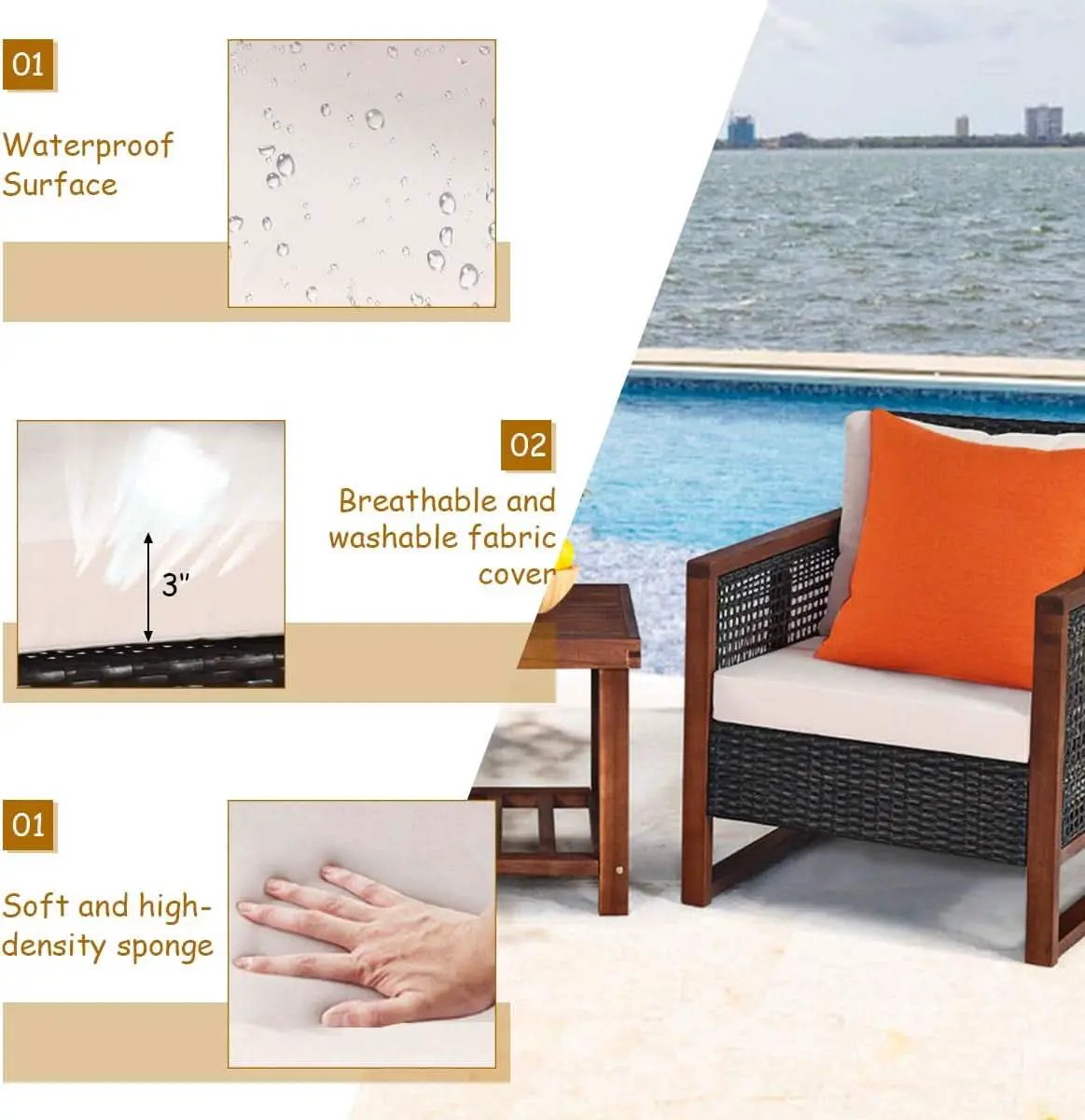 3 Piece Patio Wicker Furniture Set With Beige Washable Cushions And Acacia Wood Coffee Table from PriceLows™