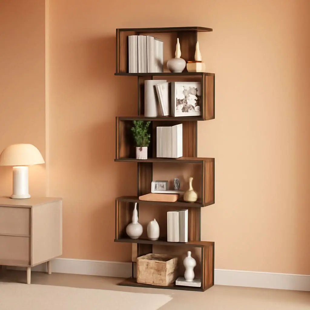 Geometric Bookcase 6 Tier S Shaped Rustic Brown Wood Shelf from PriceLows™
