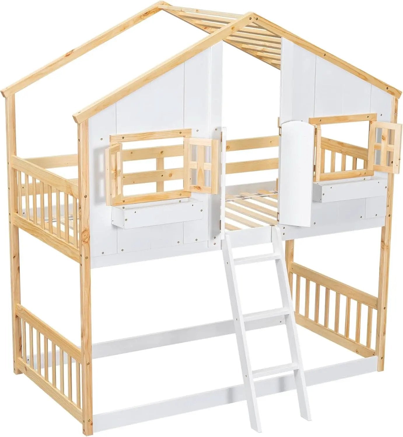 Natural Wood Twin Over Twin House Bunk Bed With Roof from PriceLows™