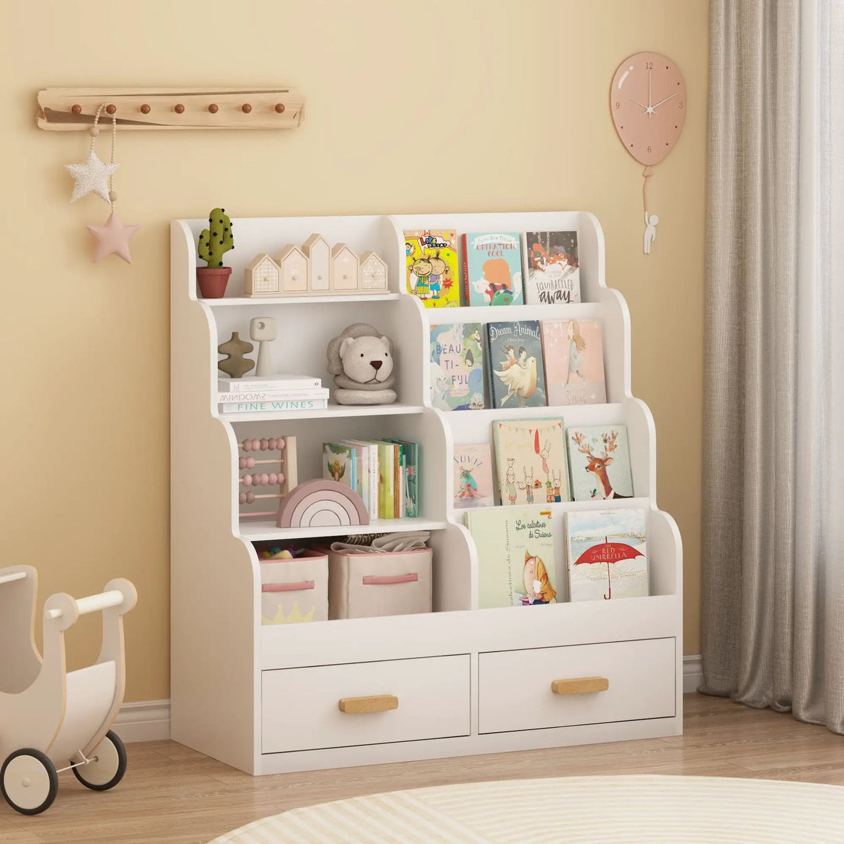 Front Facing Bookshelf | 2 Storage Drawers | Multi Tier Design | White