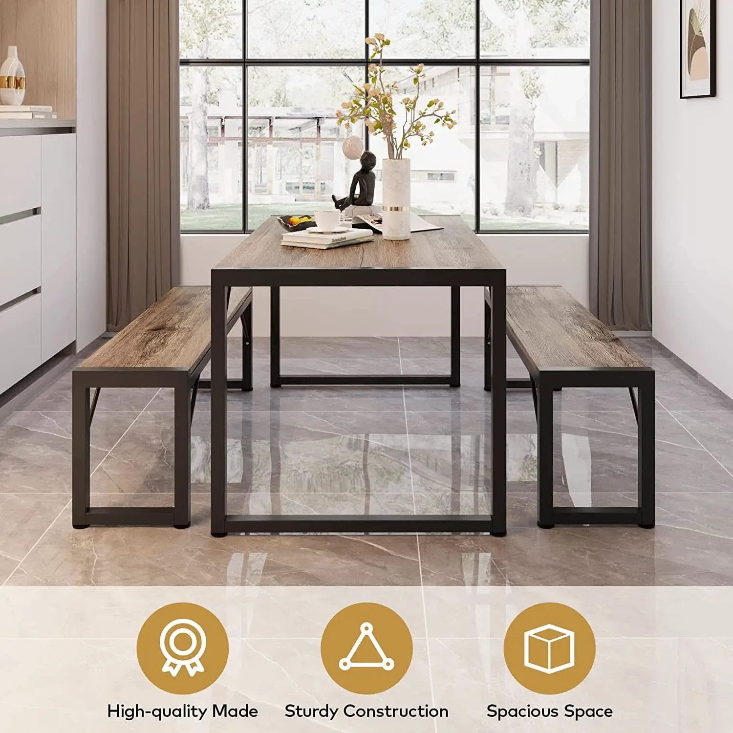 Dining Table Set For 4 With 2 Benches Gray Finish Modern from PriceLows™