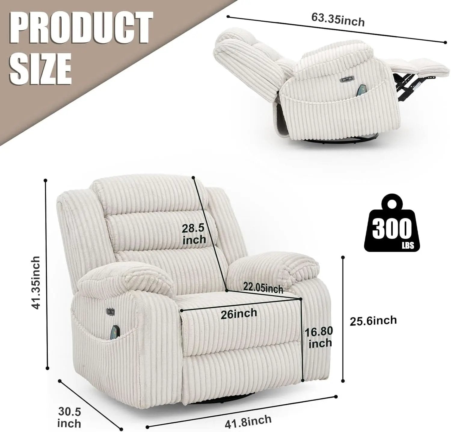 Power Swivel Rocker Recliner Chair With Massage And USB Charging White from PriceLows™