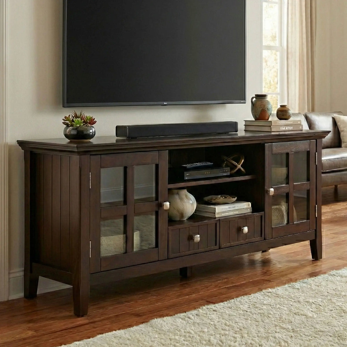 Acadian TV Media Stand | Handcrafted Solid Wood | 2 Bottom Drawers | Tempered Glass Side Cabinets