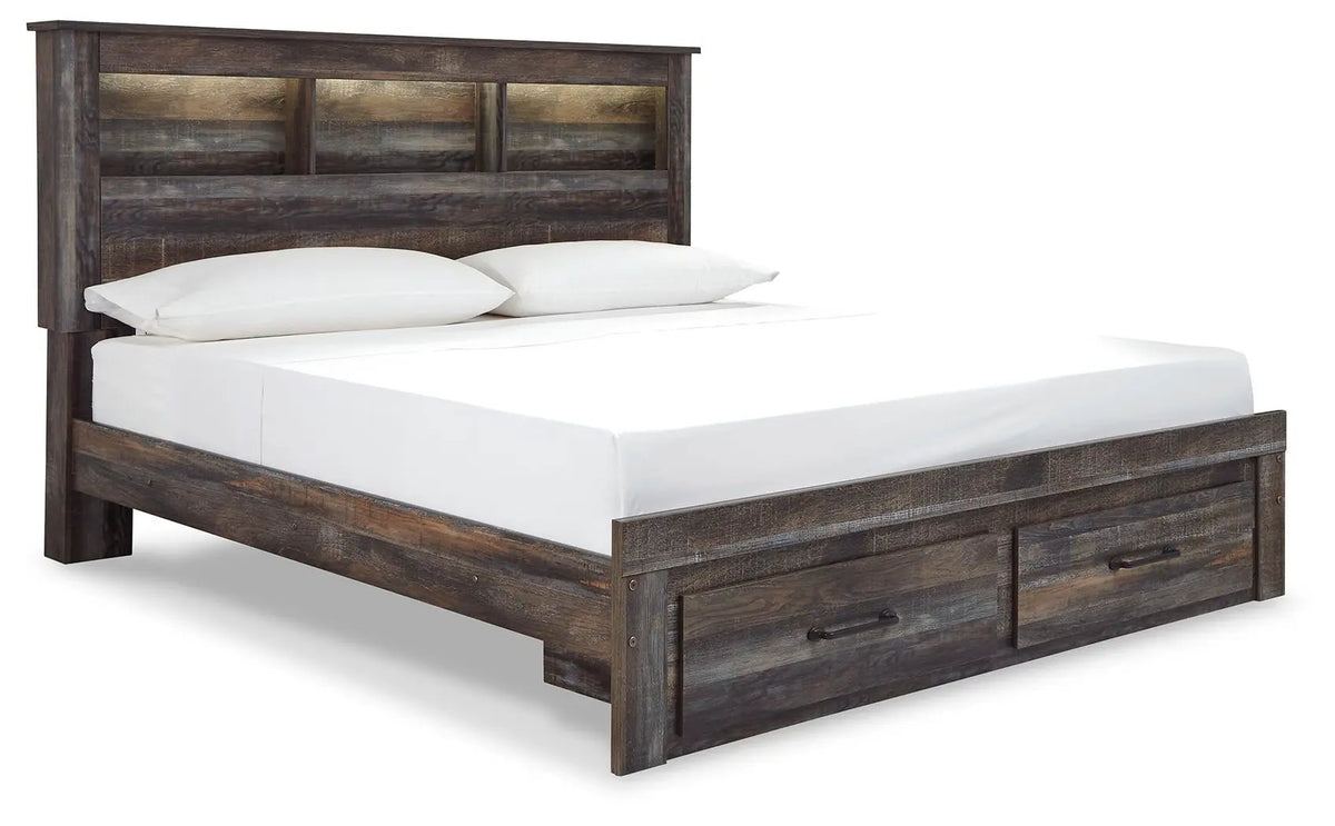 Drystan Panel Bookcase Bed | Storage Headboard | Rustic Industrial Style | 85 Inch Length