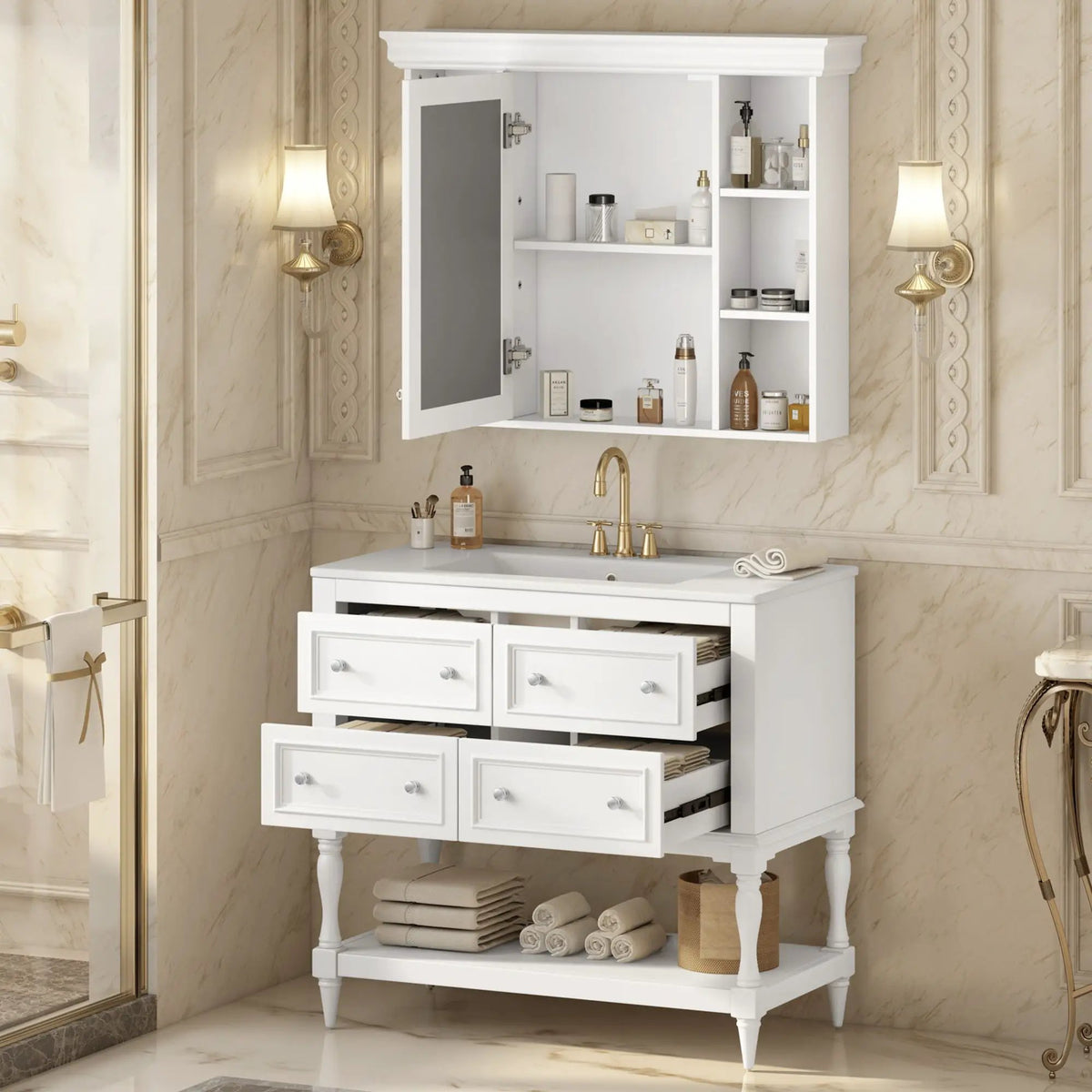 Bathroom Vanity With Medicine Cabinet | 4 Extension Drawers | Adjustable Shelf Mirror | Solid Wood Frame