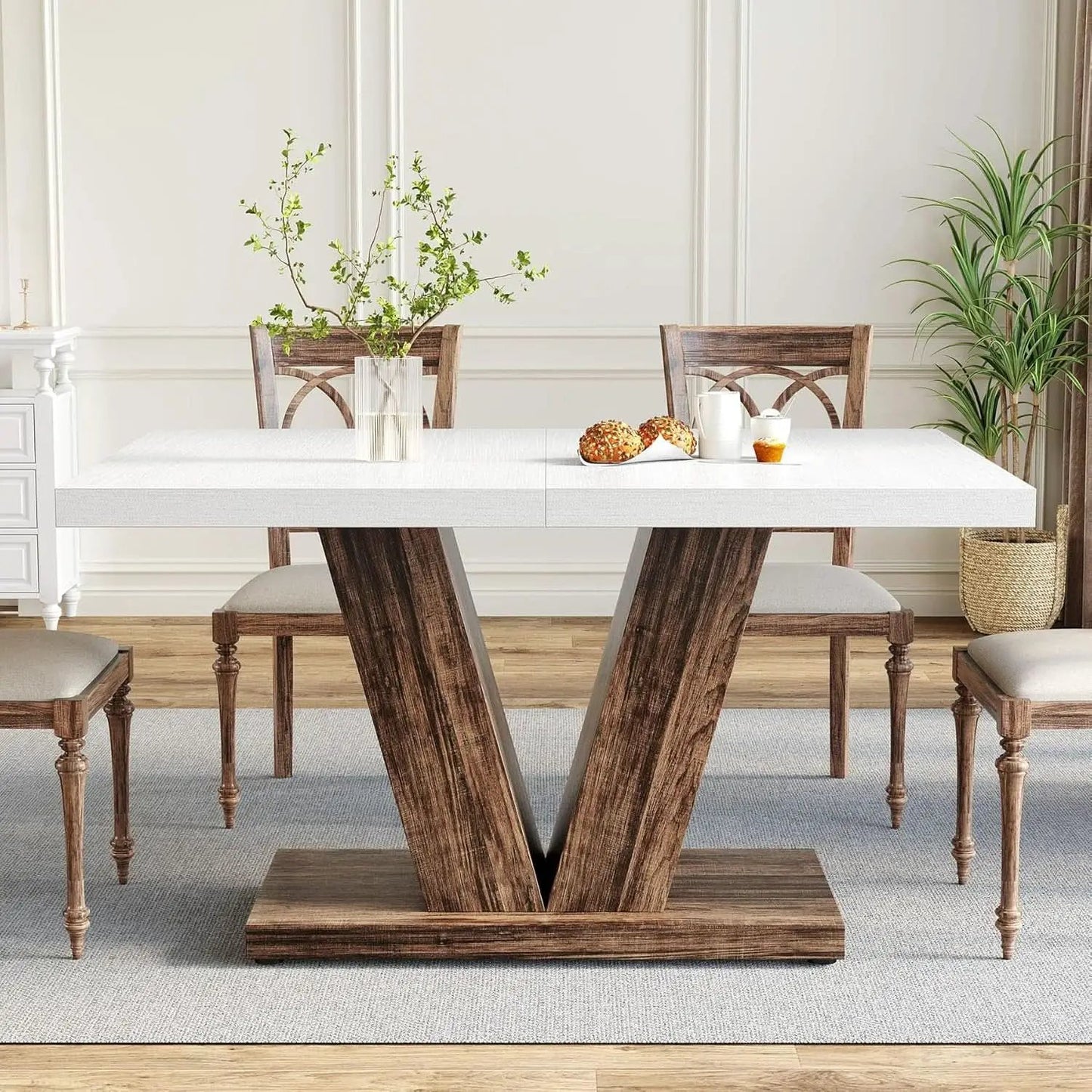 47 Inch White Rectangular Dining Table With Rustic Pedestal from PriceLows™