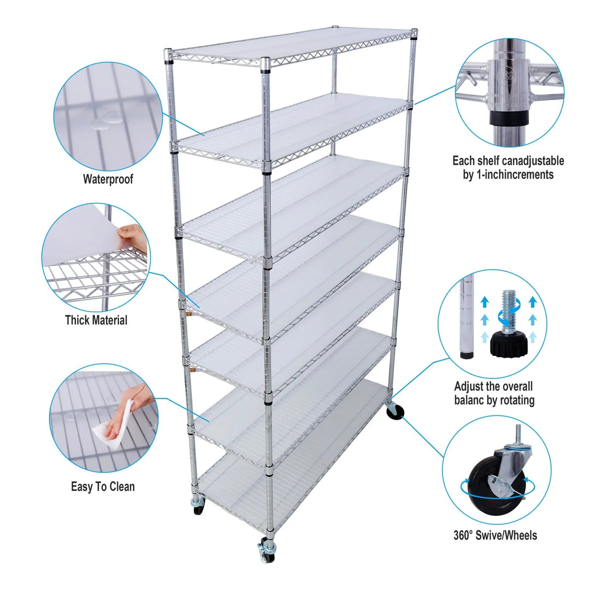 7 Tier Wire Shelving Unit | 2450 Lb Capacity | Adjustable 1 Inch Increments | Wheels Included