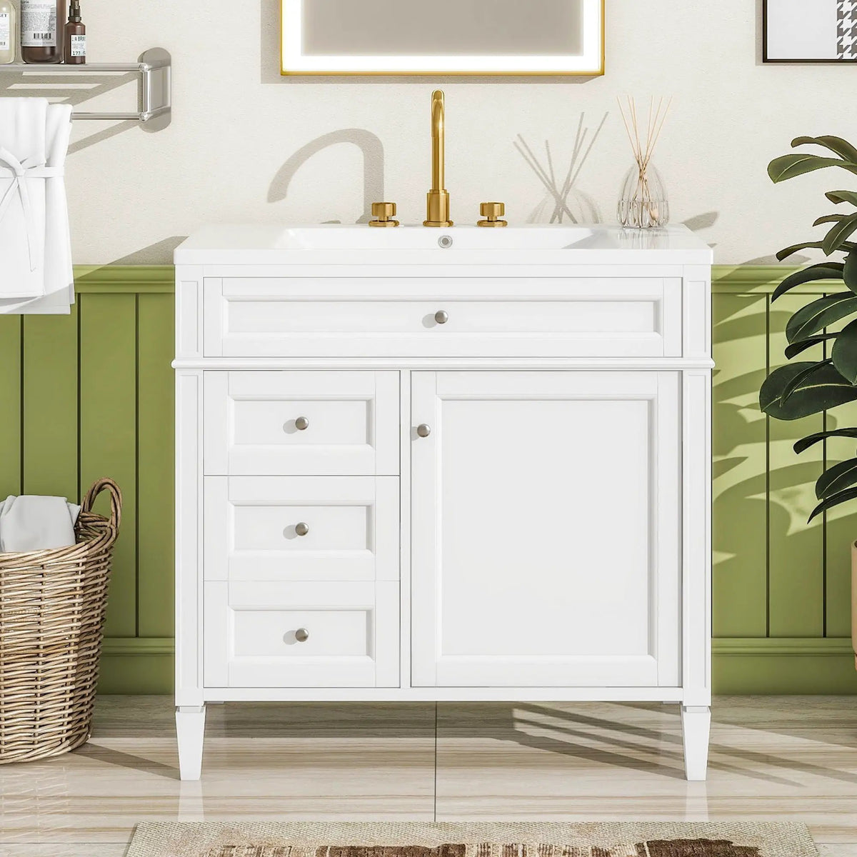 36 Inch Bathroom Vanity With Top Sink | 3 Drawers | Metal Drawer Slides | Ceramic Sink