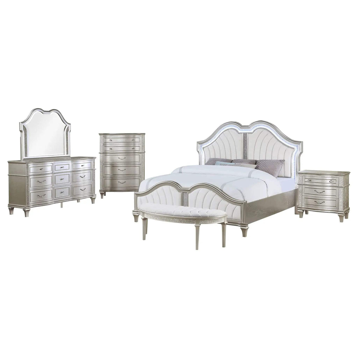 Evangeline 5-piece Eastern King Bedroom Set Silver | 5-Piece Set | Chenille | Oak