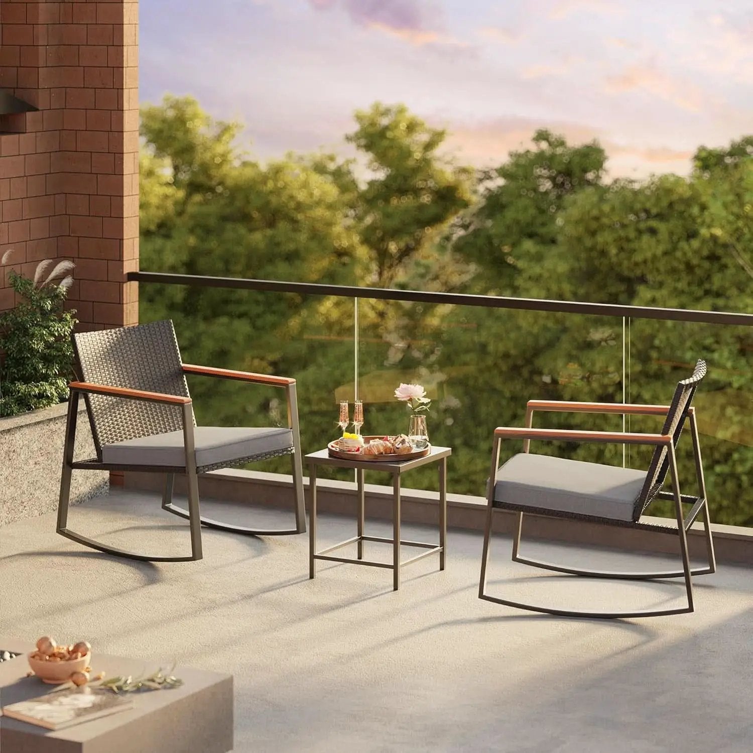 Outdoor Rocking Bistro Set With Cushions And Glass Table from PriceLows™