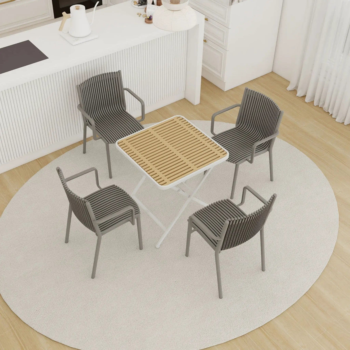 4 Modern Stackable Plastic Armchair Matched With Folding Square Table 5 Piece | 5 Piece Outdoor Set | Metal | Outdoor Living
