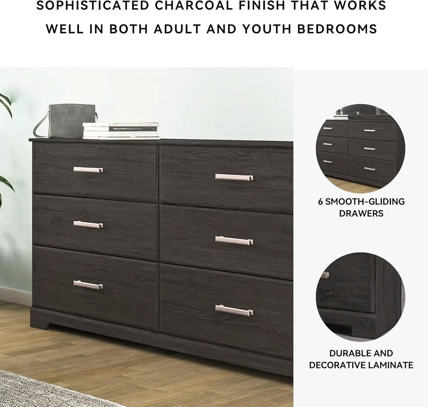 Six Drawer Dresser With Black Matte Engineered Wood from PriceLows™