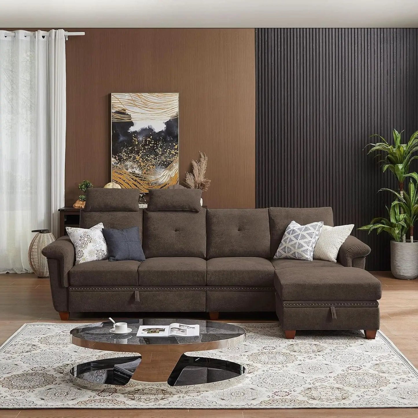 110 Inch Convertible Sectional Sofa With Storage Microfiber L Shaped Couch Ottoman Cup Holders from PriceLows™