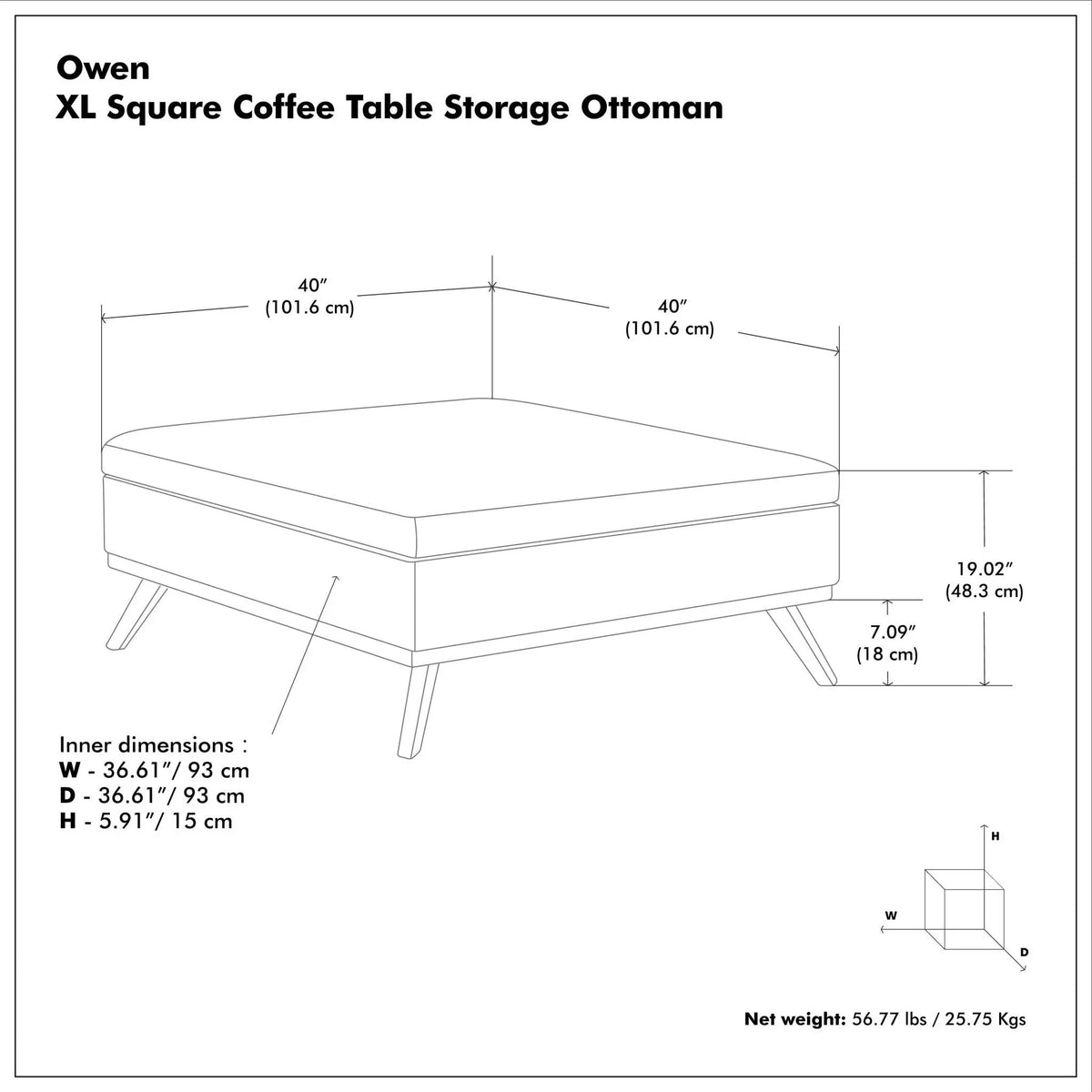 Owen Square Coffee Table Storage Ottoman | Hydraulic Lift-Up Lid | Multifunctional | 35.8 Inch Width