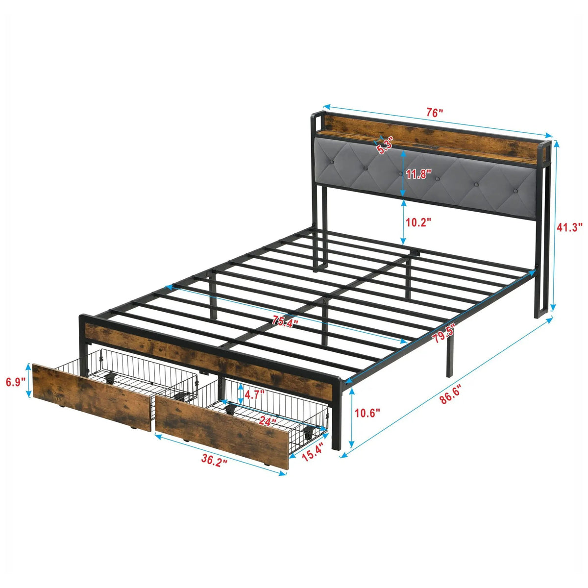 Modern Storage Bed Frame | LED Lights With Remote | Upholstered Headboard | USB Charging Station