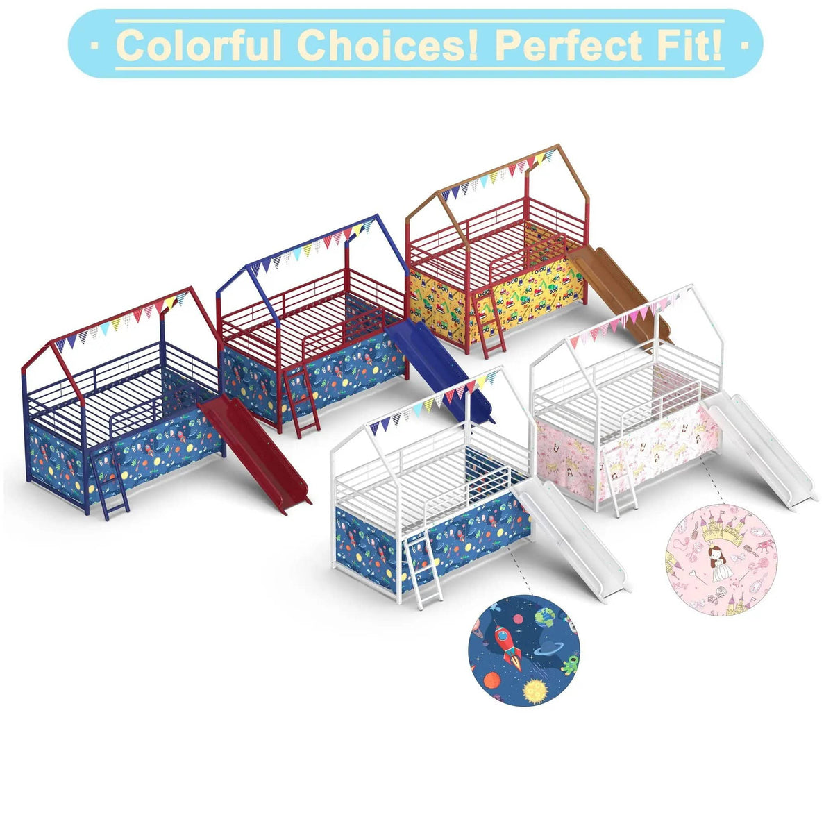 Jack House Loft Bed With Slide And Curtain Set | 5 Pieces | Metal | Bedroom