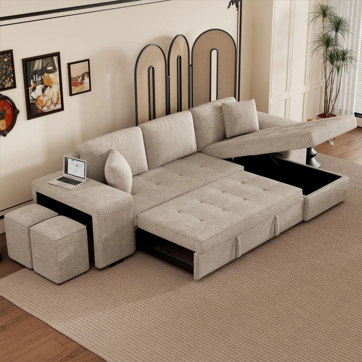 Modern L-Shape 3 Seat Reversible Sectional Couch, Pull Out Sleeper Sofa With Storage | 4 Pieces | Fabric | Living Room