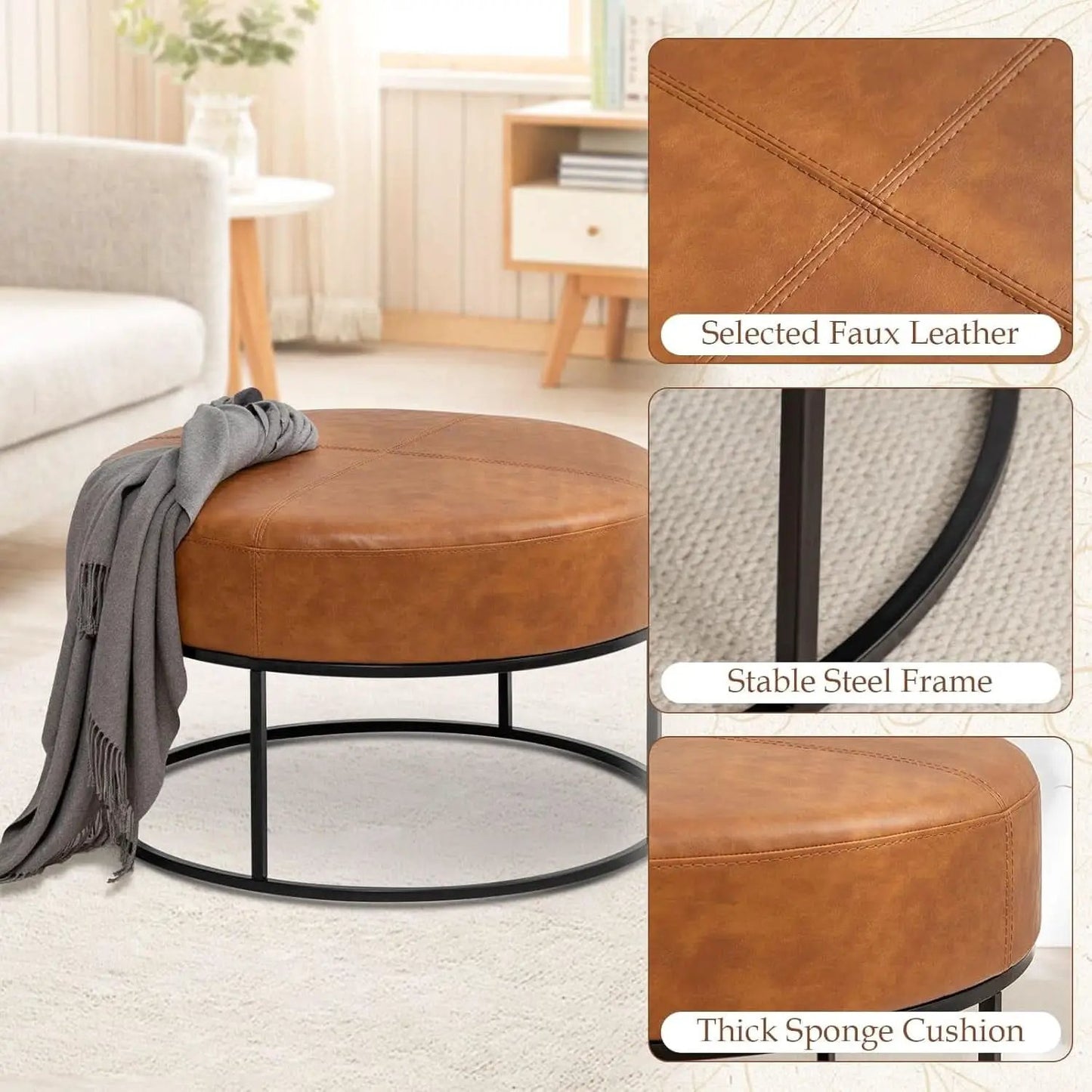 Round Leatherette Upholstered Coffee Table Midnight Brown from PriceLows™