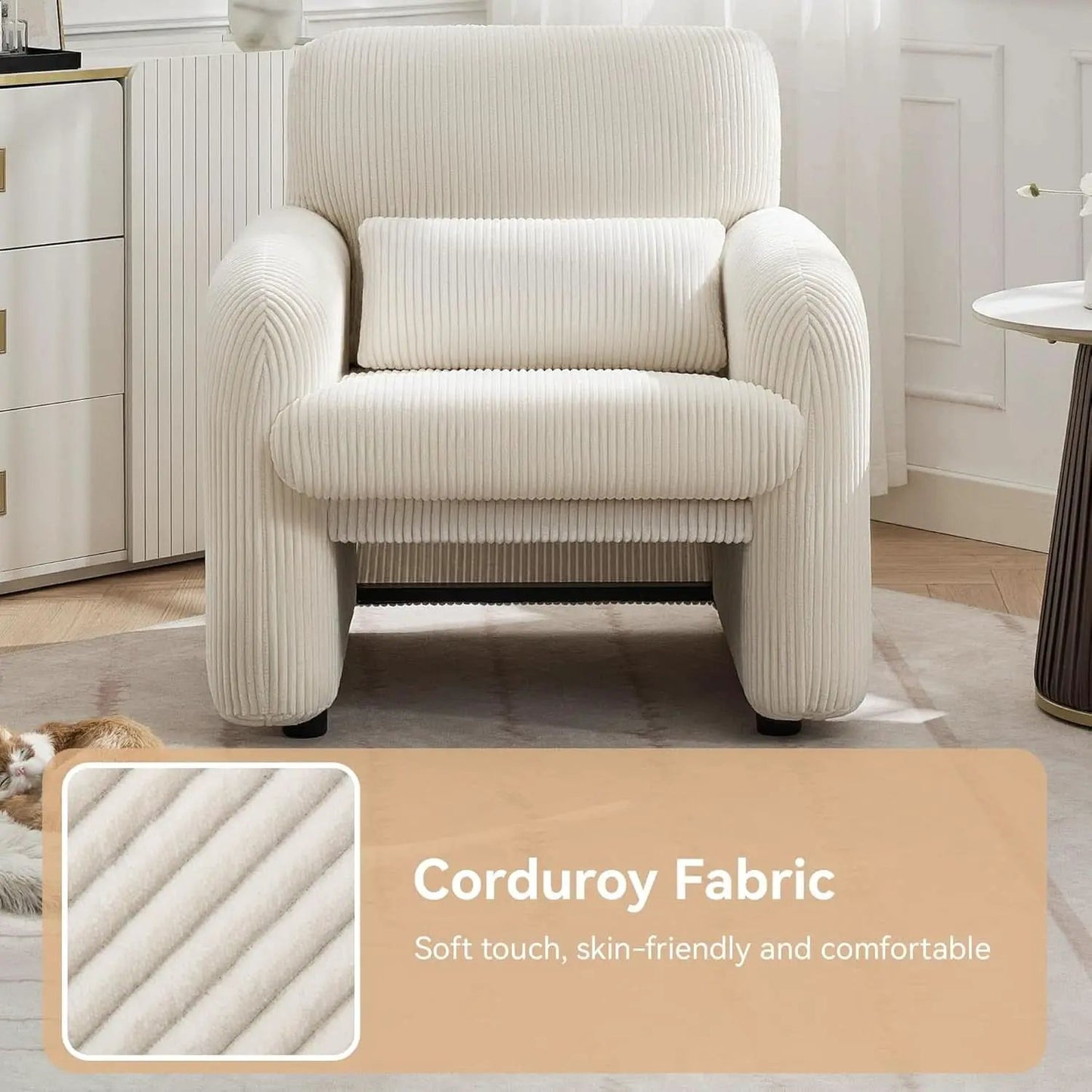 Corduroy Upholstered Accent Chair White Lumbar Pillow from PriceLows™